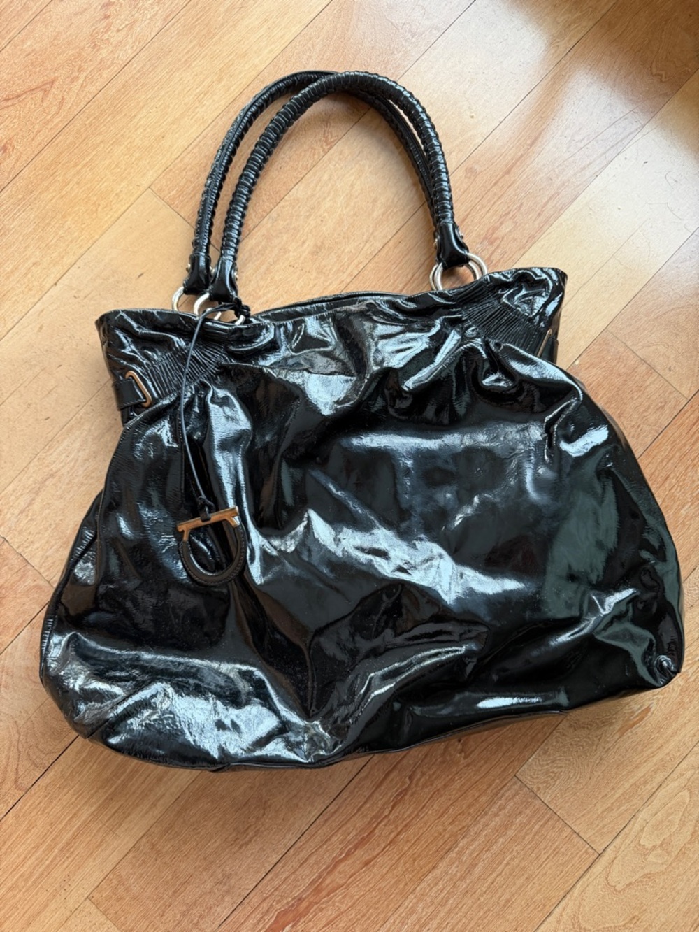 Salvatore Ferragamo Black Patent Shoulder Tote bag w braided handles